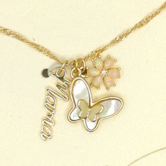 14K Gold Dipped “Mama” Necklace with Mother of Pearl Butterfly & CZ Flower - Picture 1 of 3